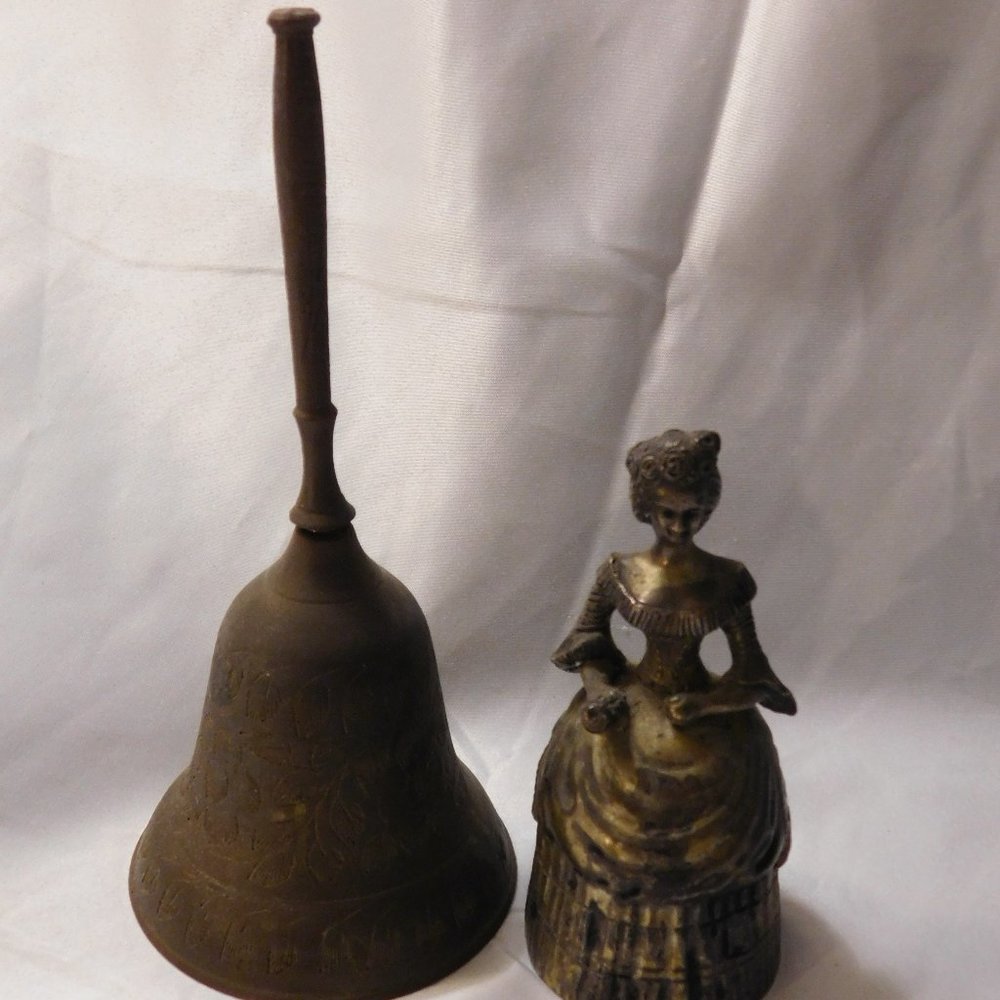 Vintage Brass Bells Victorian Lady and Long Handled Bell Lot of 2 Bells